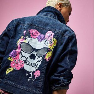 Betsey Johnson Skull Denim Trucker Jacket - Dark Wash -1x - worn once